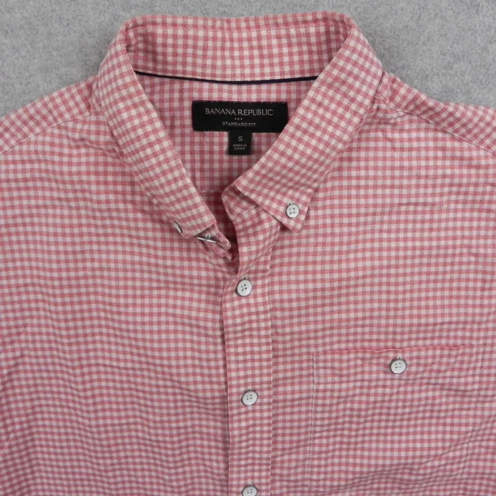 Banana‎ Republic Shirt Mens Small Standard Fit Button Pink Gingham Short Sleeve